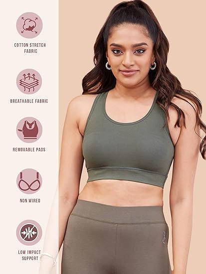 NYKD Women’s Everyday Cotton Padded Sports Bra Gym, Running & Workout Full Support, Wire-Free, Removable Pads, Stretchable – NYK059